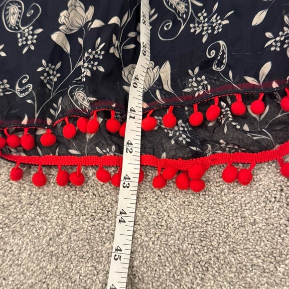 Johnny Was Jade Susila Silk Dress Red Pom Trim Blue White Print Size Medium NWOT - Picture 7 of 9